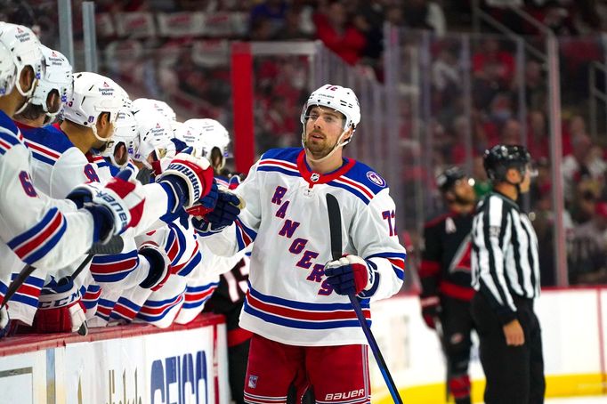 May 18, 2022; Raleigh, North Carolina, USA; New York Rangers center Filip Chytil (72) celebrates his goal against the Carolina Hurricanes during the first period in game