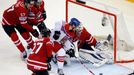 Tomas Hertl of the Czech Republic (C) scores past Canada's goaltender James Reimer (R) during the third period of their men's ice hockey World Championship group A game a