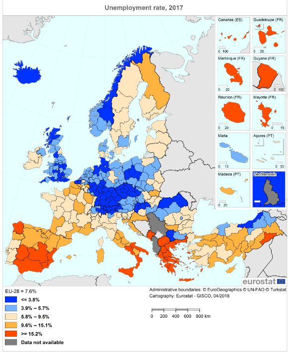 Míra nezaměstnanosti v regionech | Foto: Eurostat