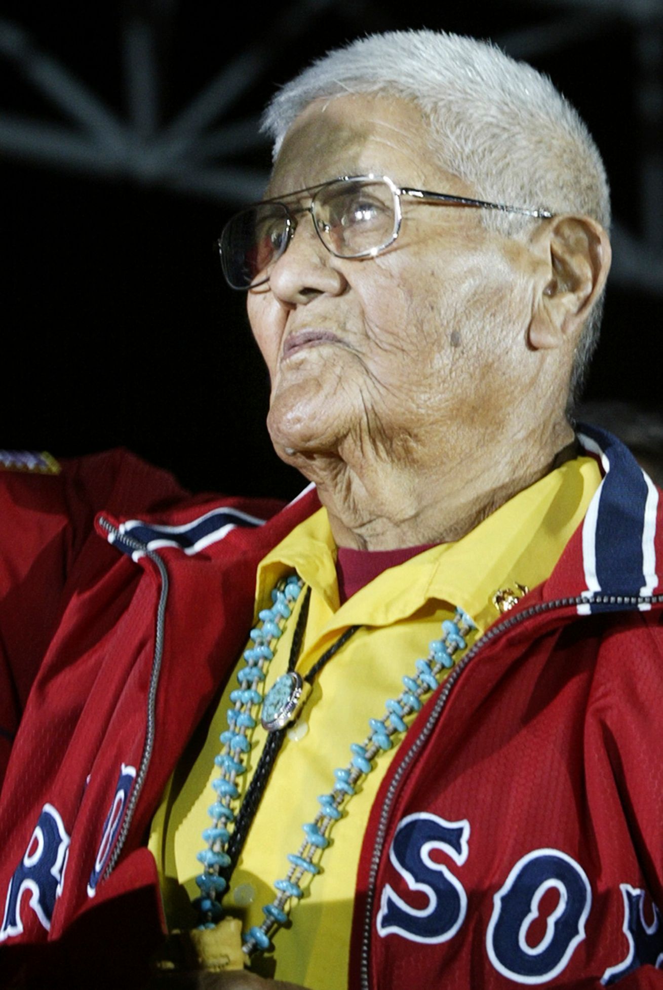 File of World War II Navajo code talker Chester Nez on stage at a campaign rally with Democratic presidential nominee John Kerry in Albuquerque
