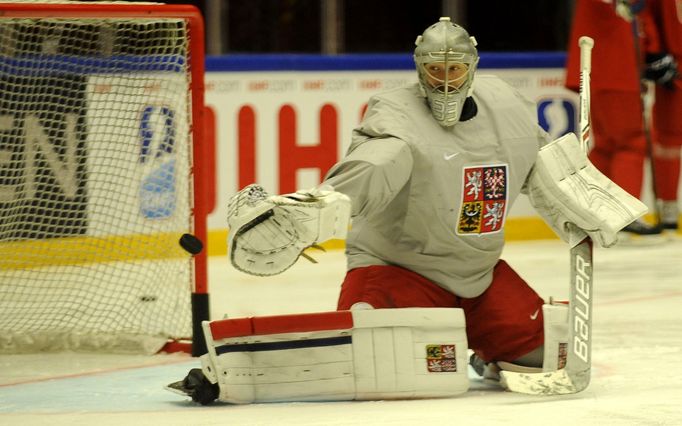 hokej, MS 2018, Pavel Francouz při rozbruslení v Herningu před čtvrtfinále