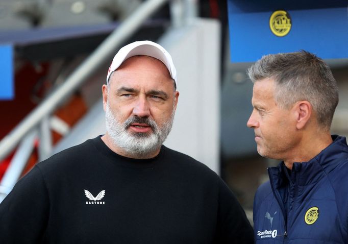 Jindřich Trpišovský a Kjetil Knutsen před zápasem Slavia - Bodö/Glimt v Lize mistrů