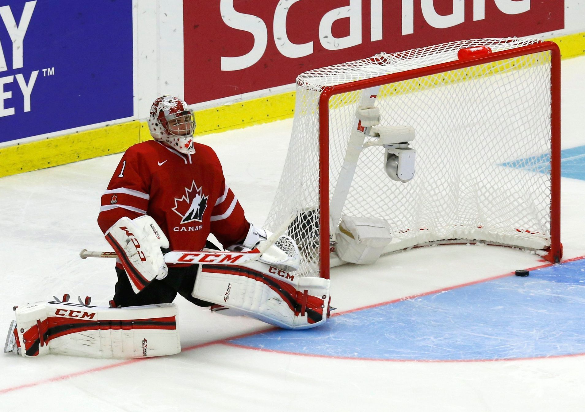 Canada's goalie Paterson reacts after giving up the game winning goal to the Czech Republic's Simon during a shootout in their IIHF World Junior Championship ice hockey game in Malmo