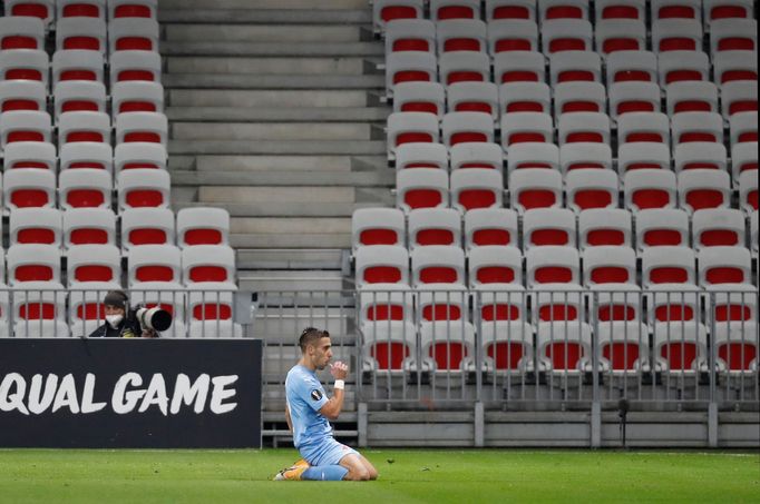 Ondřej Lingr slaví gól v zápase Evropské ligy Nice - Slavia