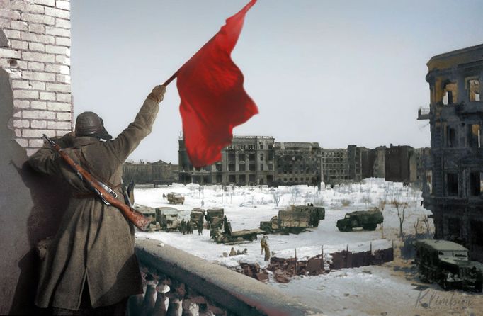 Vztyčení vlajky vítězství Rudé armády v bitvě o Stalingrad, 1943.