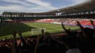 Terek Grozny fans support their team during a soccer match against Amkar Perm at the Akhmad Arena stadium in the Chechen capital Grozny April 27, 2013. The naming of two Chechens, Dzhokhar and Tamerlan Tsarnaev, as suspects in the Boston Marathon bombings has put Chechnya - the former site of a bloody separatist insurgency - back on the world's front pages. Chechnya appears almost miraculously reborn. The streets have been rebuilt. Walls riddled with bullet holes are long gone. New high rise buildings soar into the sky. Spotless playgrounds are packed with children. A giant marble mosque glimmers in the night.Yet, scratch the surface and the miracle is less impressive than it seems. Behind closed doors, people speak of a warped and oppressive place, run by a Kremlin-imposed leader through fear. Picture taken April 27, 2013. REUTERS/Maxim Shemetov (Russia - Tags: SOCIETY POLITICS SPORT) ATTENTION EDITORS: PICTURE 23 OF 40 FOR PACKAGE 'INSIDE MODERN CHECHNYA'. SEARCH 'REBUILDING CHECHNYA' FOR ALL IMAGES Published: Kvě. 1, 2013, 8:03 dop.