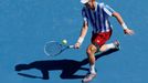 Tomas Berdych of the Czech Republic hits a return to Damir Dzumhur of Bosnia and Herzegovina during their men's singles match at the Australian Open 2014 tennis tournamen