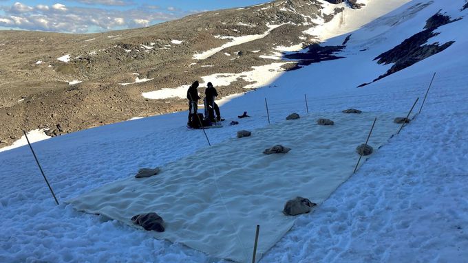 Nejméně 3,5 metru ledovce Helags v severním Švédsku před roztáním v létě ochránila látková plachta.