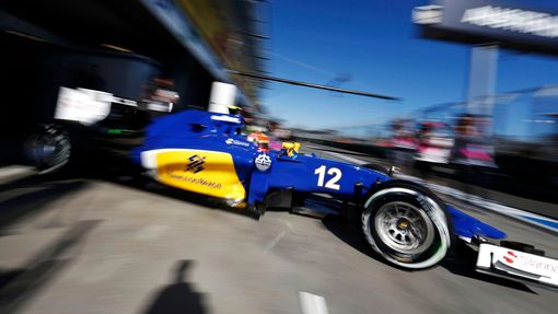 Sauber Formula One driver Felipe Nasr of Brazil drives out of his garage during the second practice session of the Australian F1 Grand Prix at the Albert Park circuit in