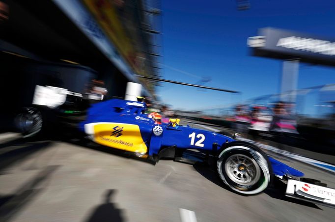 Sauber Formula One driver Felipe Nasr of Brazil drives out of his garage during the second practice session of the Australian F1 Grand Prix at the Albert Park circuit in