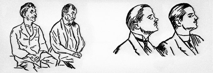 Dobová kresba z Lidových novin zachycující obžalované v případu brutálních vražd a kanibalismu v Kohnově mlýně v Třebíči (1925) - zleva Kmenta, Maška a Fejtovy.