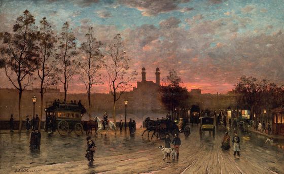 Večer na Trocaderu, 1881. Na horizontu je palác vystavěný pro světovou výstavu v roce 1878. Malíř zachytil nejnovější ozdobu Paříže poněkud apokalypticky.