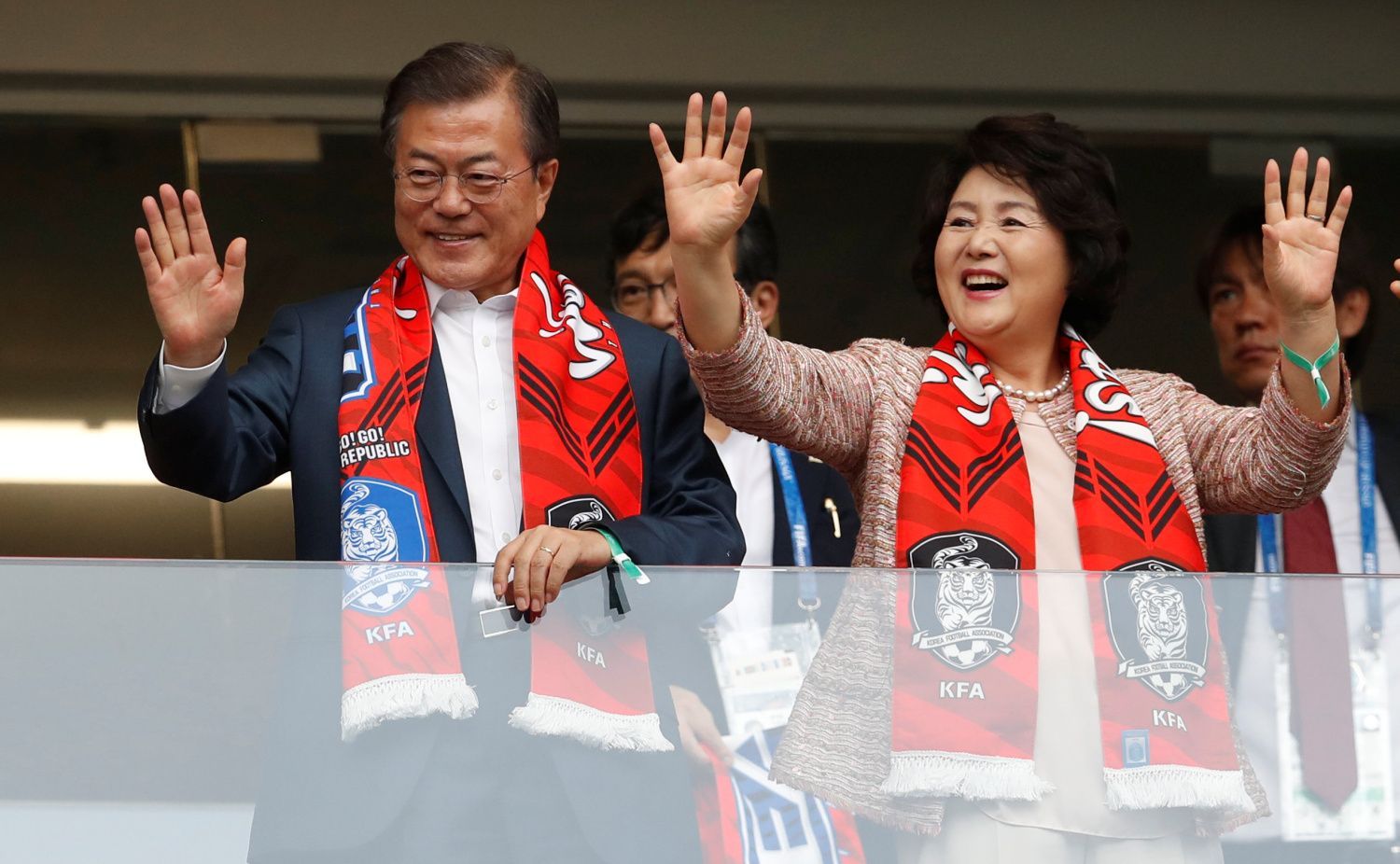 Jihokorejský prezidente Mun Če-in s manželkou v zápase Jižní Korea - Mexiko na MS 2018