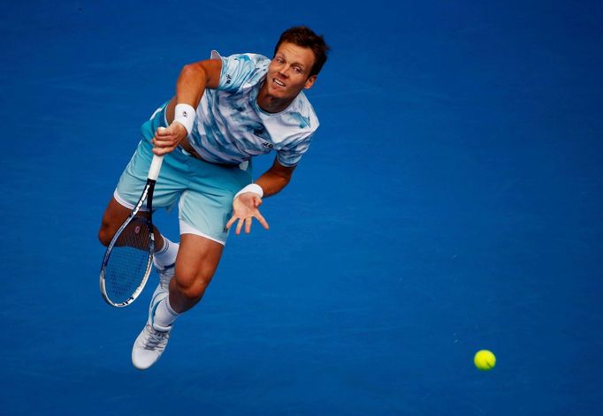 Tomáš Berdych při vítězném čtvrtfinále Australian Open s Rafaelem Nadalem.