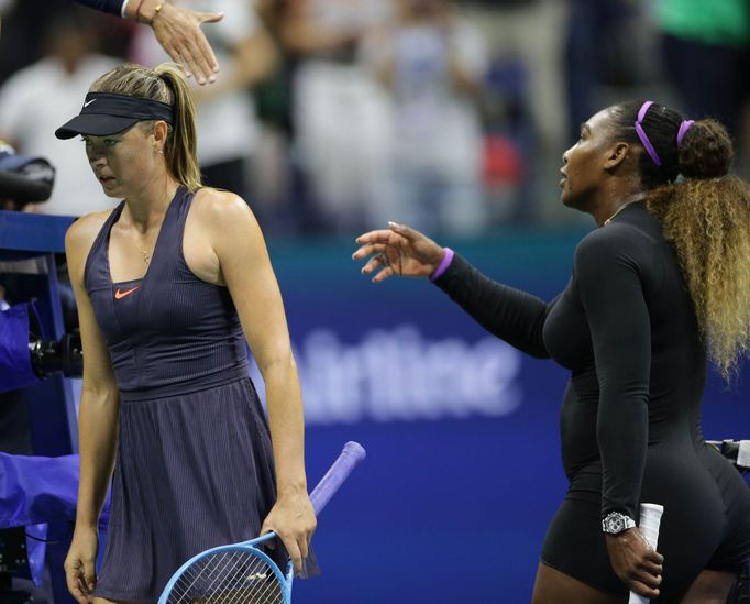 Aug 26, 2019; Flushing, NY, USA; Maria Sharapova of Russia hits to Serena Williams of the USA in the first round on day one of the 2019 U.S. Open tennis tournament at UST