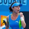 Zheng Jie of China celebrates a point during her women's singles match against Madison Keys of the United States at the Australian Open 2014 tennis tournament in Melbourne