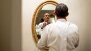 Oct. 18, 2012 "The President ties his white tie before the Alfred E. Smith dinner in New York. Although the dinner is an annual event, every four years, the two presidential nominees attend the dinner only a few weeks before the election."