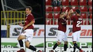 Marek Kulič (vlevo, AC Sparta Praha) právě v nastaveném čase zvýšil výsledek na 2:0 proti Viktorii Žižkov a mohl začít slavit se spoluhráči (vpravo) - utkání skončilo 2:0 pro Spartu.