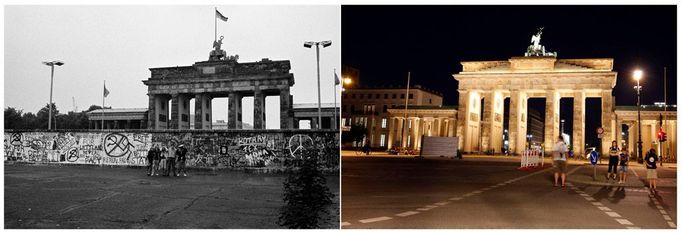 Pro lepší srovnání se podívejte na snímek Berlínské zdi tak, jak dříve lemovala Braniborskou bránu (vlevo fotografie z roku 1989). Na snímku v pravo (z roku 2011) už vidíte jen bránu.