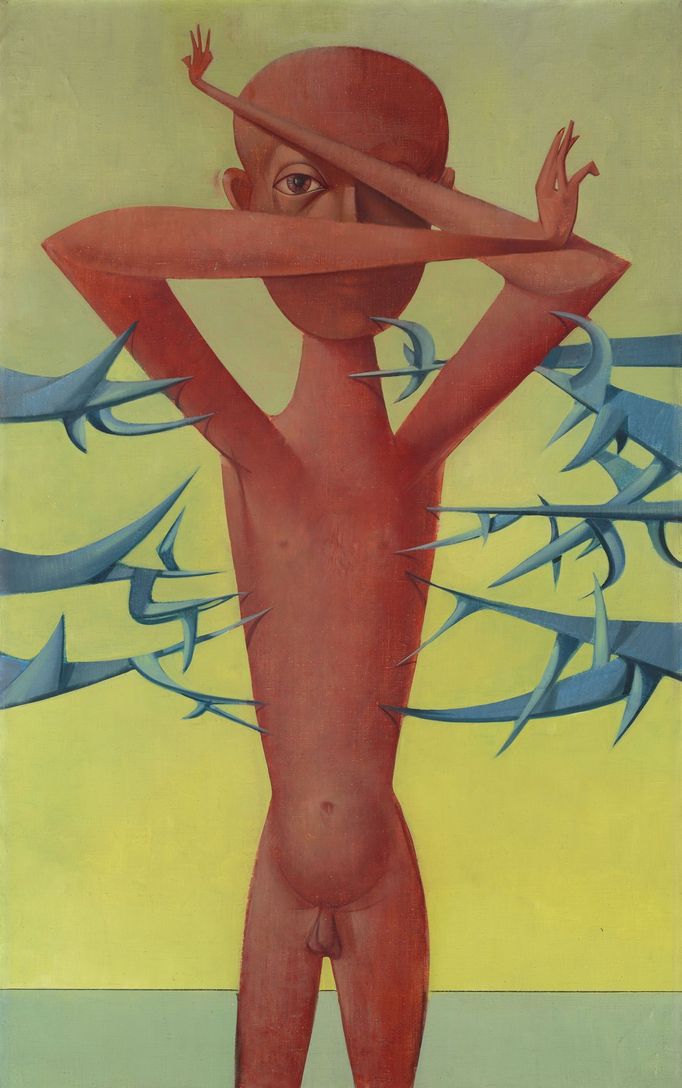 Mikuláš Medek: Nahý v trní I, 1954, olejová tempera, plátno, 110 x 70 cm, soukromá sbírka.