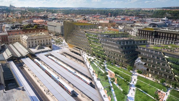 Před pěti měsíci se Správa železnic pochlubila, jak dobře modernizace pražského centrálního nádraží pokračuje. Jenže to byl duben a v září je všechno jinak. Platforma má problém. Vizualizace.