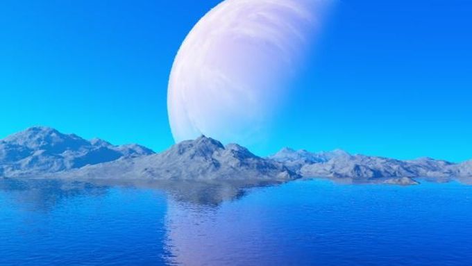 Umělcova představa oceánu na obyvatelném exoměsíci, který oblétá velkou planetu podobnou Jupiteru.