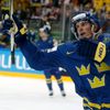Sweden's Eriksson celebrates his goal against Latvia during their Ice Hockey World Championship game at the O2 arena in Prague