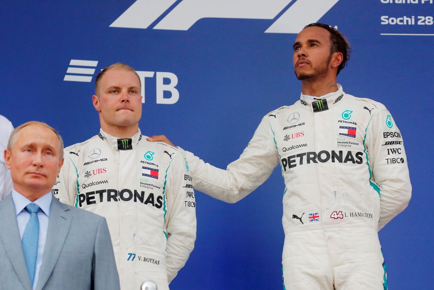 F1 VC Ruska 2018: Vladimir Putin  Valtteri Bottas a Lewis Hamilton