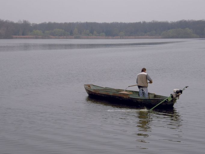 Rozvážení krmení na Munickém rybníku, 2010.