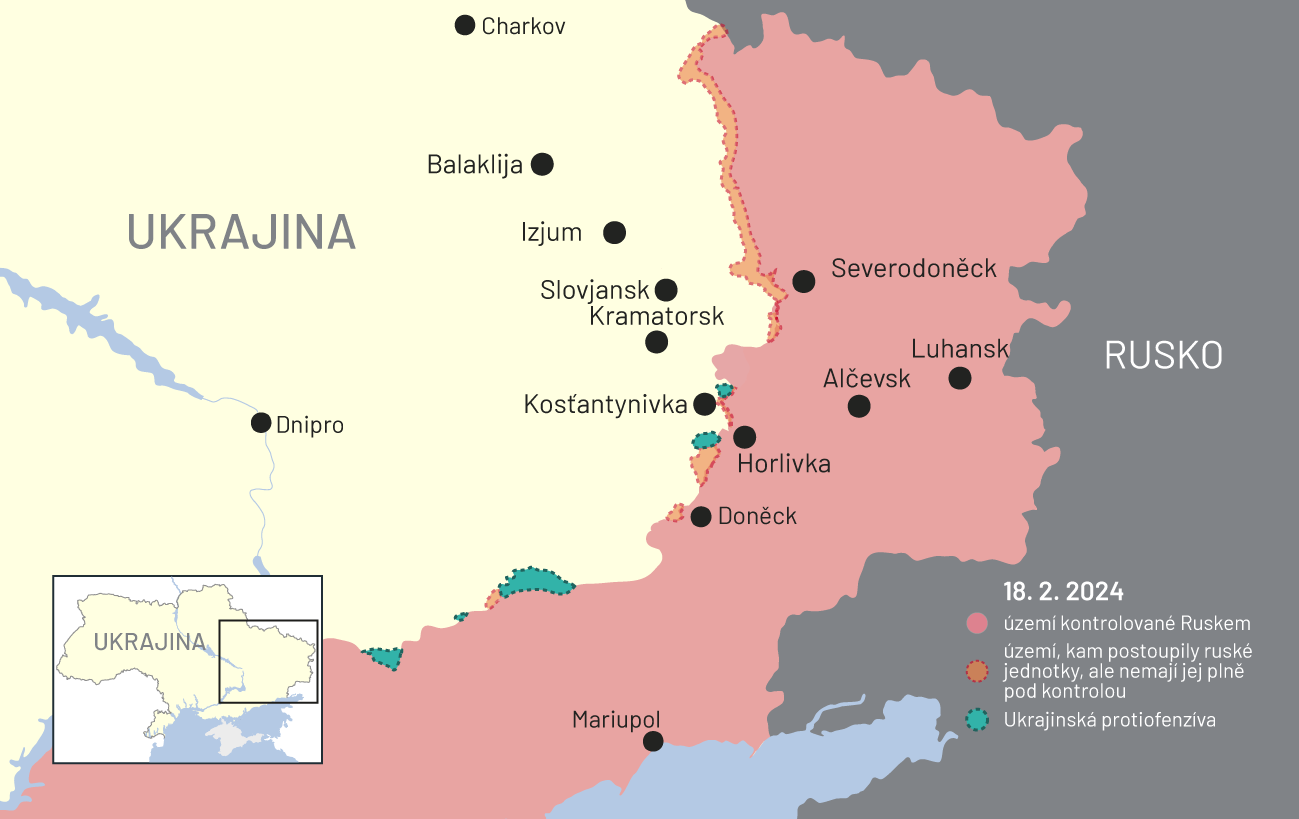 18. února 2023: Mapa bojů na Ukrajině