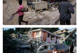 Na spodním snímku vidíte nešťastnou majitelku obchodu s oděvy v centru Port-au-Prince. Snímek byl pořízen v únoru. Nad ním je záběr téhož místa a "obchod" s oblečením o sedm měsíců později.