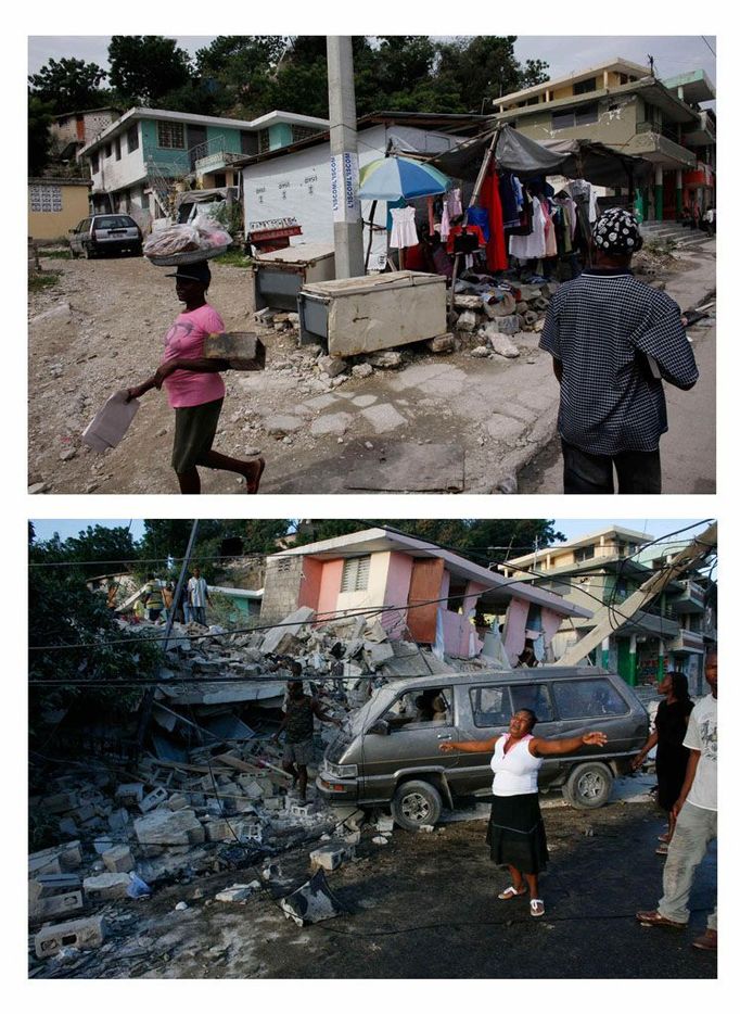 Na spodním snímku vidíte nešťastnou majitelku obchodu s oděvy v centru Port-au-Prince. Snímek byl pořízen v únoru. Nad ním je záběr téhož místa a "obchod" s oblečením o sedm měsíců později.