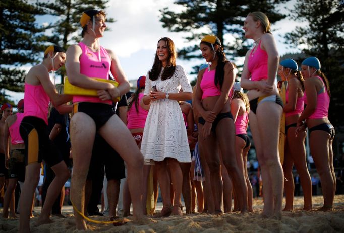 Catherine, Britain's Duchess of Cambridge, meets with junior surf lifesavers during her visit to a surf lifesaving demonstration at Sydney's Manly beach