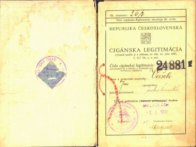 Romská legitimace, Malacky, Slovensko, rok 1930