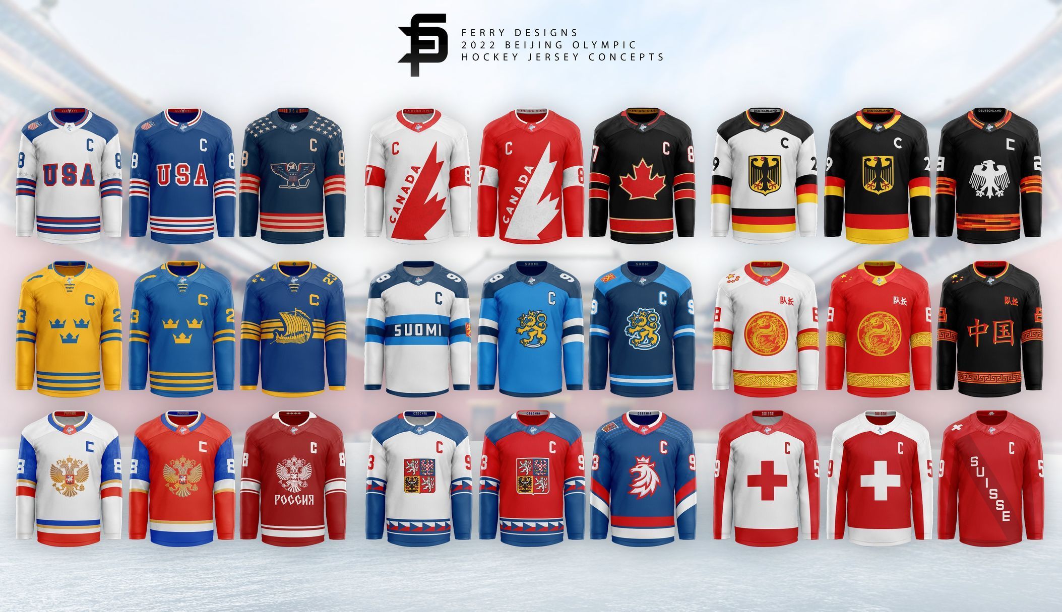 Návrhy hokejových dresů na olympiádu 2022 v Pekingu: Devět kvalifikovaných týmů