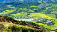 Unikátní panoramatický letecký pohled na krajinu venkovské oblasti Archanes. Zelené louky, olivovníkové háje a vinice s infrastrukturou zásobování vodou v popředí.