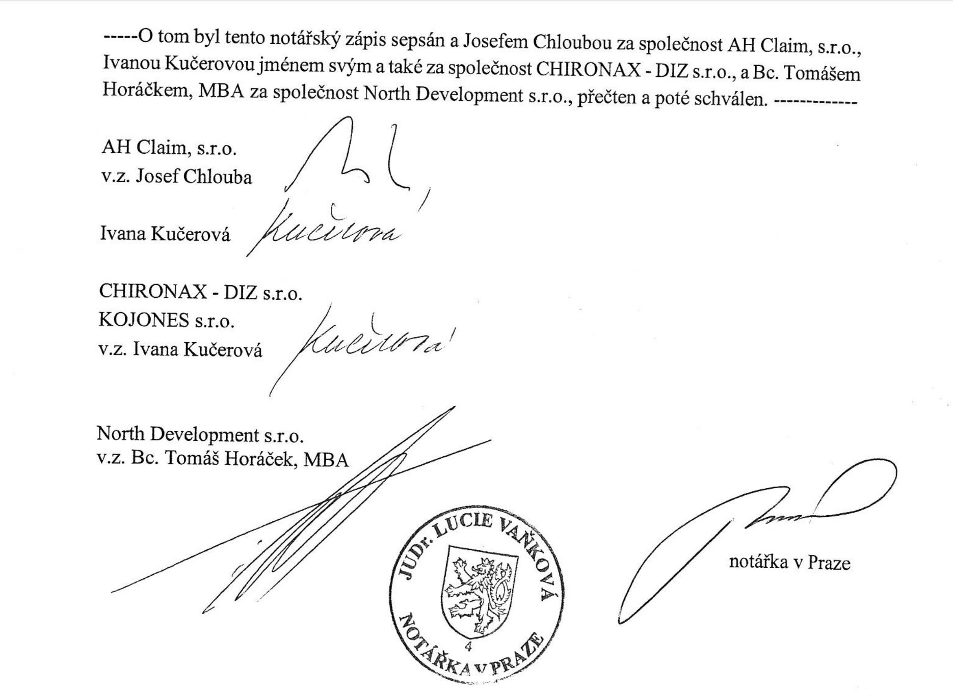 Podpis Ivany Kučerové a Tomáše Horáčka na dokumentu, kterým dali do zástavy firmy.
