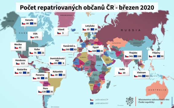 Pohled na mapu ukazuje, kolik českých občanů, a z jakých zemí, se podařilo dostat domů během března