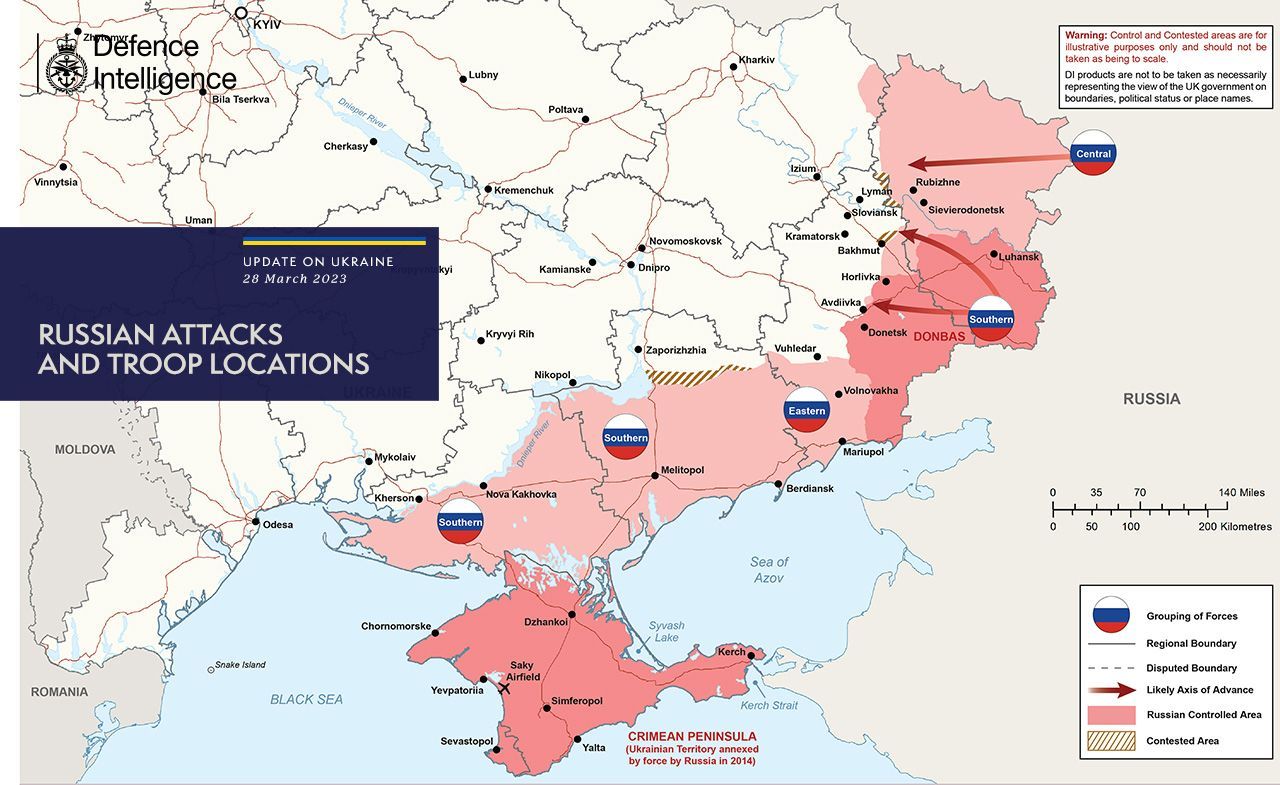 Aktuální situace na východě Ukrajiny na mapě britského ministerstva obrany.