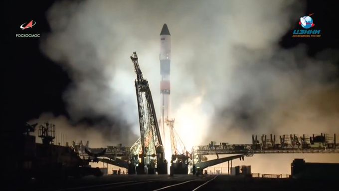 Raketa Sojuz, která vynesla loď se zásobami pro ISS.