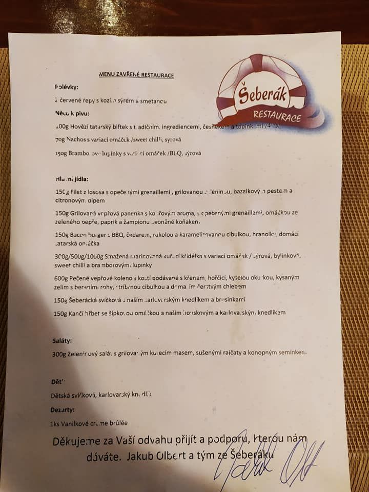 menu restaurace šeberák