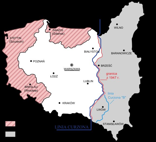 Polské území v meziválečném období (bílé a šedé) a po druhé světové válce (bílé a růžově pruhované). Curzonova linie se původně týkala příměří a znamenala demarkační čáru, nikoli státní hranici. Po jaltské konferenci se jí se souhlasem spojeneckých velmocí stala. Náhradu za ztracená území na východě Polsko dostalo na úkor dosavadního německého státu. Území připojené k Polsku bylo o 77 tisíc kilometrů čtverečních menší než polské území, které bylo připojeno k Sovětskému svazu. | Foto: Wikipedie