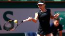 Simona Halep of Romania plays a shot to Evgeniya Rodina of Russia during their women's singles match at the French Open tennis tournament at the Roland Garros stadium in