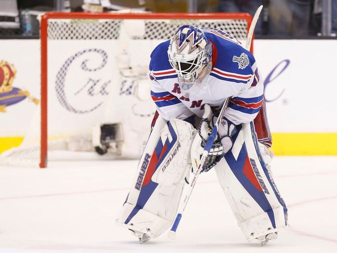 New York Rangers' goalie Henrik Lundqvist reacts after the Kings defeated the Rangers to win the Stanley Cup in Game 5 of their NHL Stanley Cup Finals hockey series in Lo