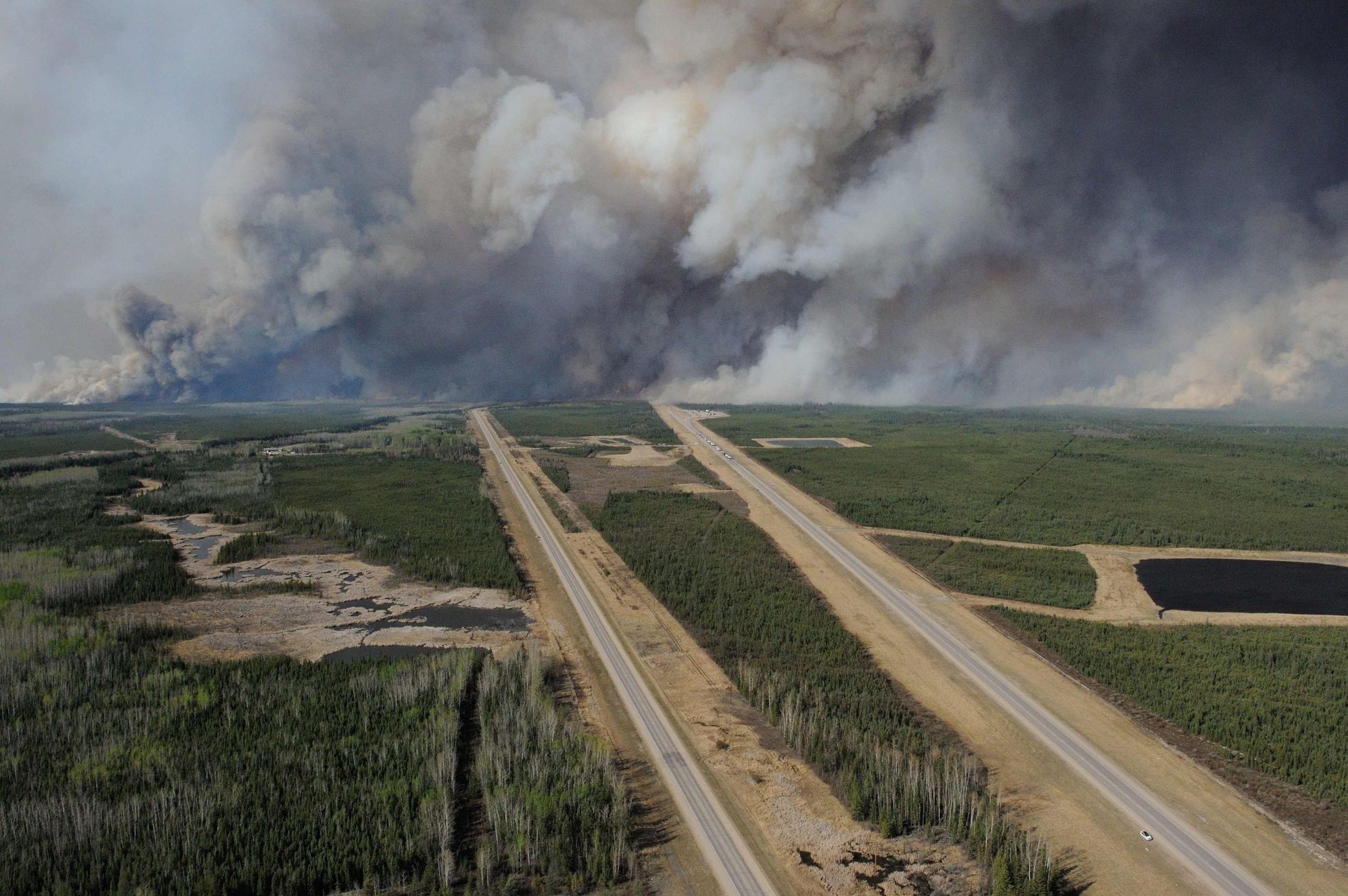 An aerial view of Highway 63 south of Fort McMurray, Alberta. Canada