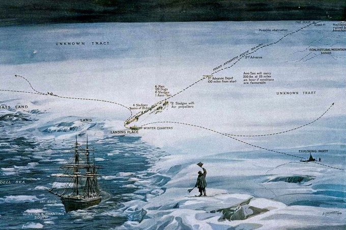 Expedice Ernesta Shackletona a dobové schéma navrhovaných způsobů dopravy ze základny ve Weddellově moři na jižní pól. Kolorováno