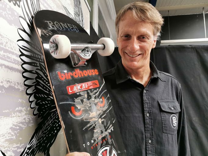 Skateboarding legend Tony Hawk poses following an interview with Reuters as he attends the finals of the Vans Park Series skateboarding competition in Chelles, near Paris