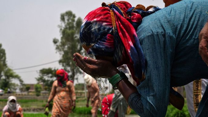 Žena v Indii, kde panují extrémní vedra, se osvěžuje vodou, snímek ze státu  Harijána z 3. června 2024.