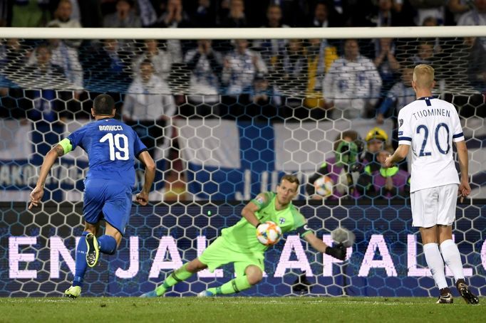 Football Soccer - UEFA Euro 2020 - Men's Qualifiers - Group J - Finland v Italy - Tampere, Finland - September 8, 2019. Goalkeeper Lukas Hradecy fails to stop the penalty