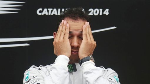 First placed Mercedes Formula One driver Lewis Hamilton of Britain on podium after the Spanish F1 Grand Prix at the Barcelona-Catalunya Circuit in Montmelo, May 11, 2014.